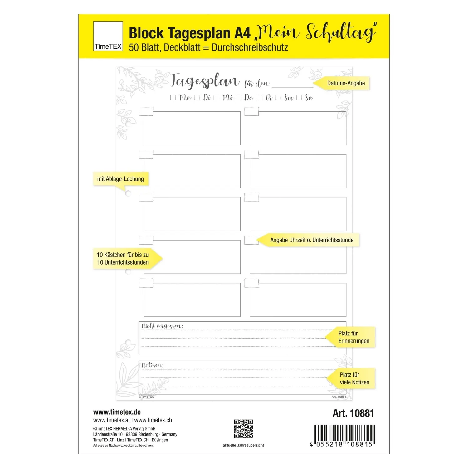 TimeTEX Tagesplan Mein Schultag Block A4 50 Blatt 10 Boxen gelocht
