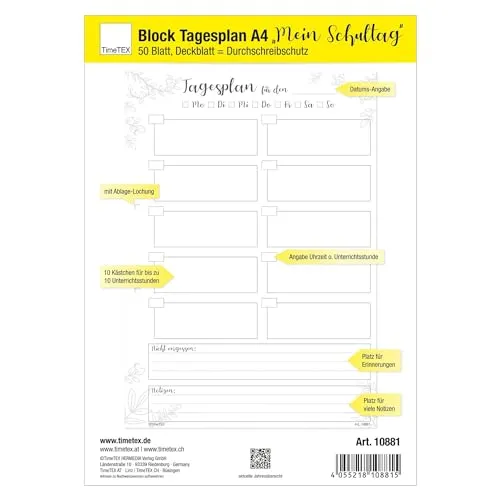 TimeTEX Tagesplan Mein Schultag Block A4 50 Blatt 10 Boxen gelocht
