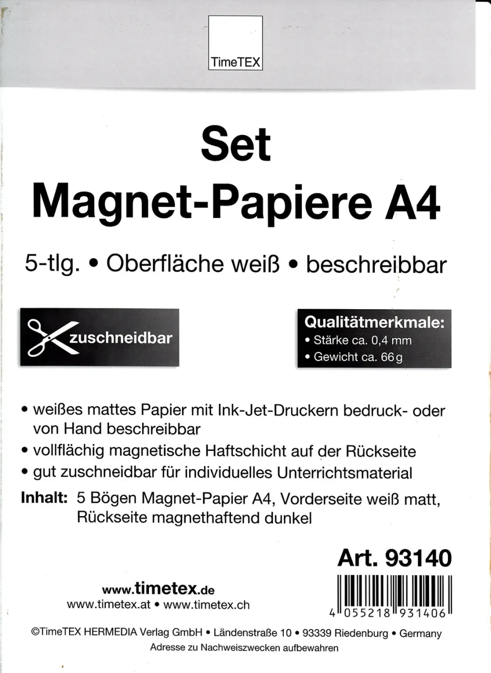 TimeTEX Magnet-Papier 93140 A4 Magnetpapier 5 Stück beschreibbar