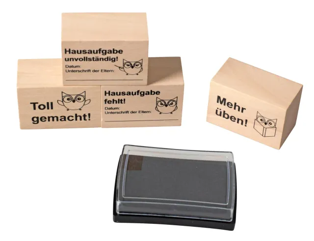 Betzold Hausaufgabenstempel 4er-Set Holz mit Stempelkissen
