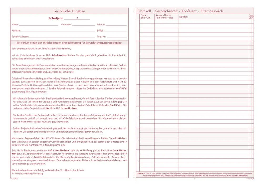 TimeTEX Schul-Notizen Gespräche Protokolle Heft 10778