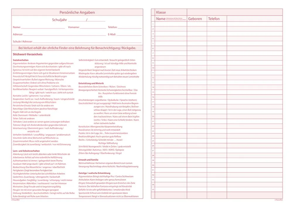 TimeTEX Schüler-Beobachtung Heft A4 Organisationshilfe
